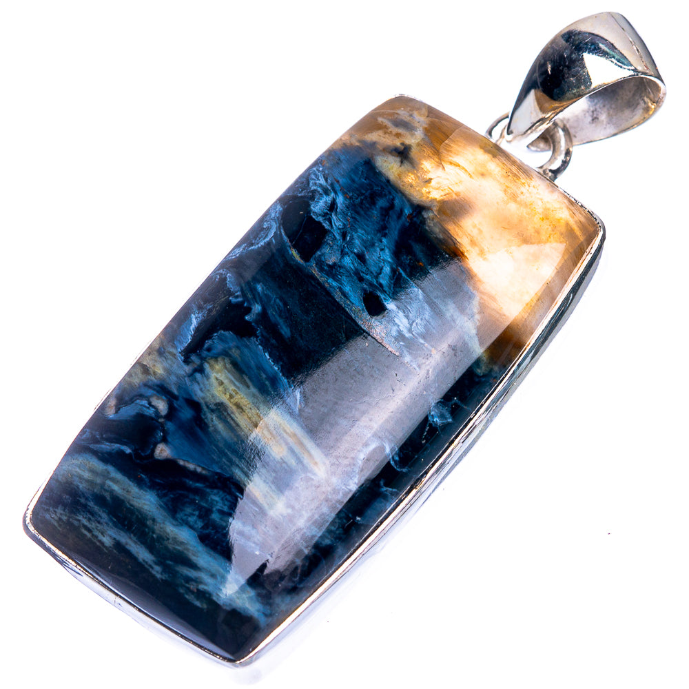 Rectangular pietersite pendant with blue-gray stone, 925 sterling silver frame and bail