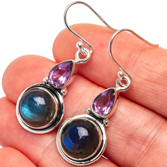 Sterling silver earrings with round labradorite and purple teardrop accents