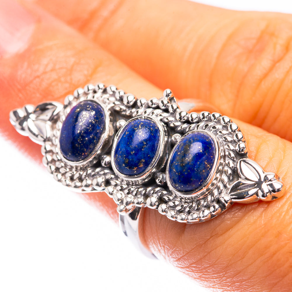 Lapis lazuli ring with three oval blue stones on ornate 925 sterling silver band