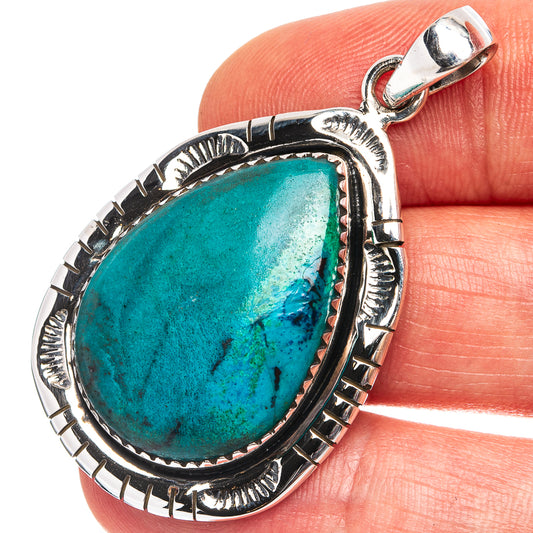 Chrysocolla teardrop pendant in .925 sterling silver with ornate bezel