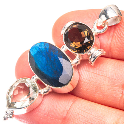Labradorite, White Quartz, Smoky Quartz Pendant 2" (925 Sterling Silver) P38685