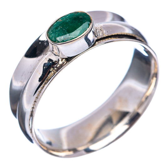 Sterling silver spinner ring, open side view with oval green gemstone top