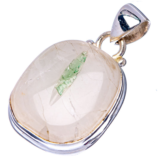Oval quartz pendant with green tourmaline in silver bezel with loop bail, .925 sterling