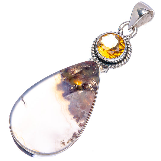 Sterling silver pendant with teardrop plume agate and round citrine-yellow gemstone bezel