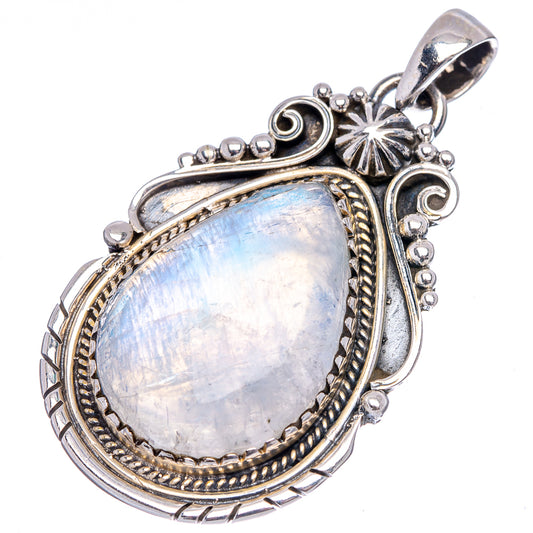 Ornate teardrop rainbow moonstone pendant in .925 sterling silver with textured border