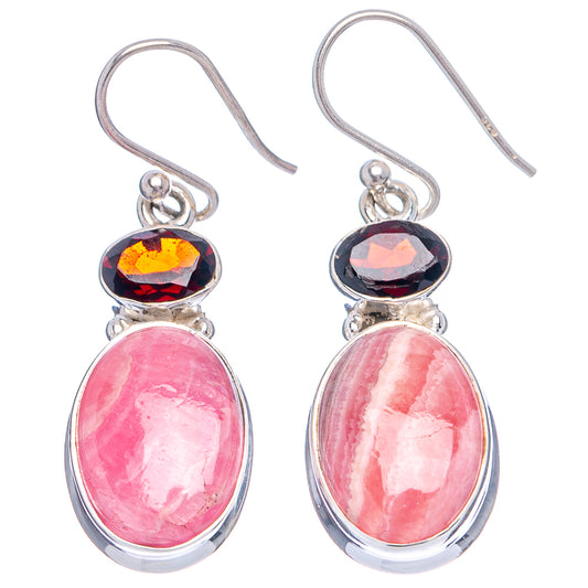 925 sterling silver hook earrings with pink rhodochrosite oval drops and dark garnet caps
