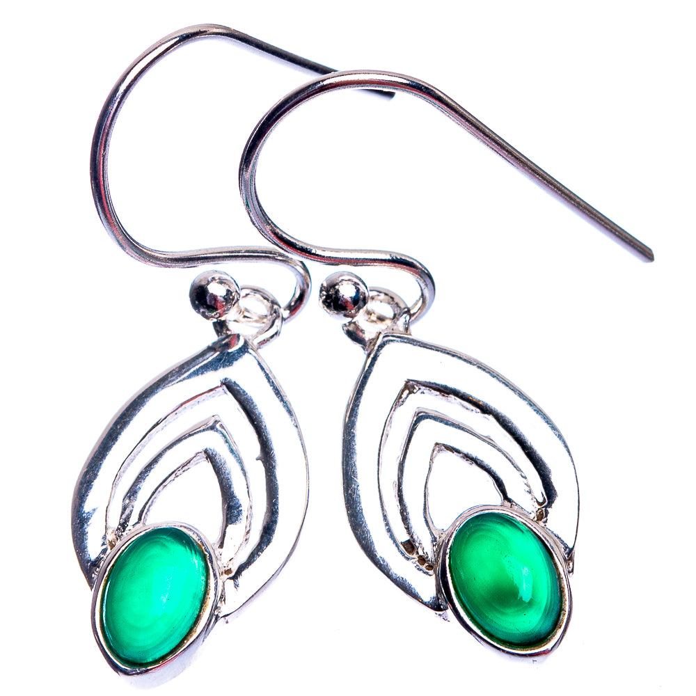 Green oval onyx drop earrings in ornate silver teardrop design with fishhook