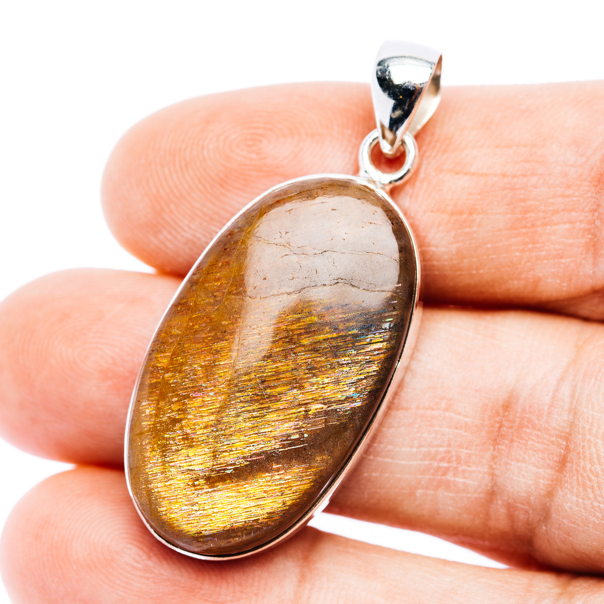 Premium African Sunstone Pendant 1 5/8" (.925 Sterling Silver)