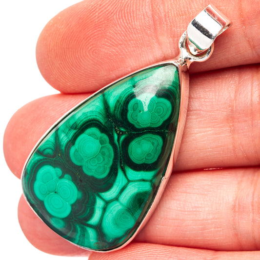 Green malachite teardrop pendant in .925 sterling silver bezel with top bail