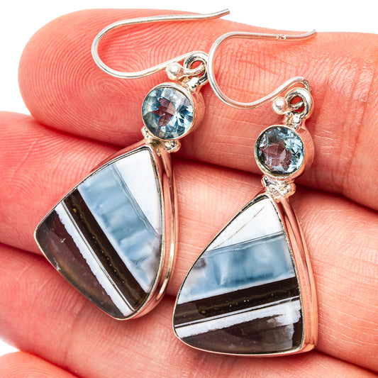 Sterling silver hook earrings with round blue gemstone and triangular opal-style drops