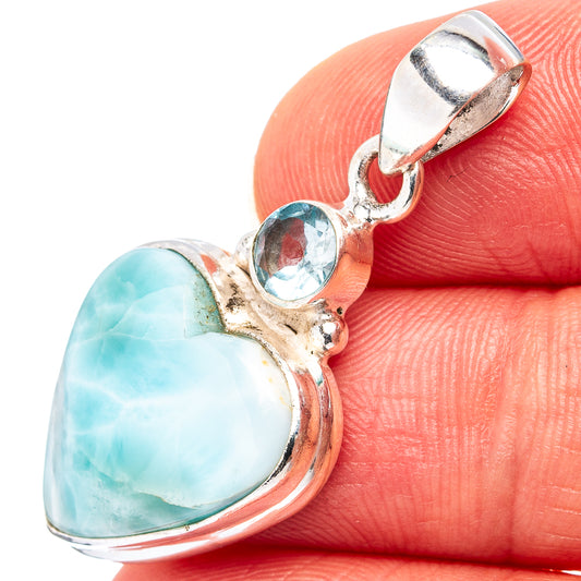 Heart-shaped larimar pendant with blue topaz accents, .925 sterling silver