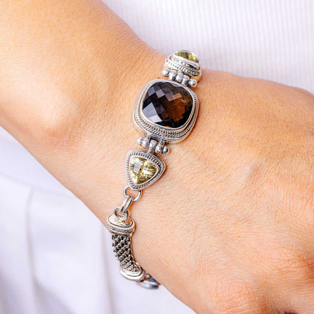 Smoky Quartz, Citrine Bracelet 8 5/8" (.925 Sterling Silver)