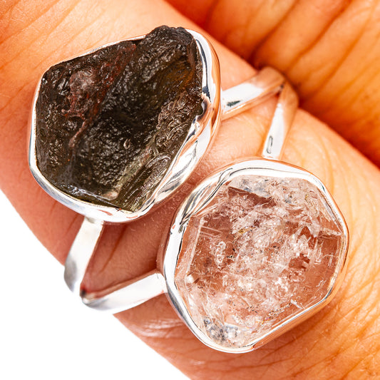 Sterling silver ring with dark brown rough stone and clear faceted crystal, bezel setting