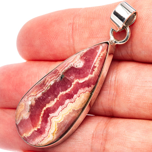 Teardrop rhodochrosite pendant in .925 sterling silver with loop bail, marbled pink-and-cream
