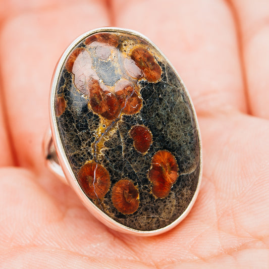 Peanut obsidian oval ring in .925 sterling silver, dark stone with orange inclusions