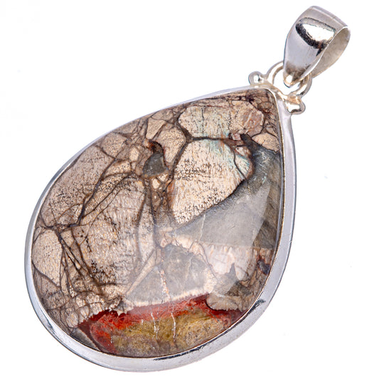 Mushroom rhyolite pendant teardrop .925 sterling silver with red and gray stone veining