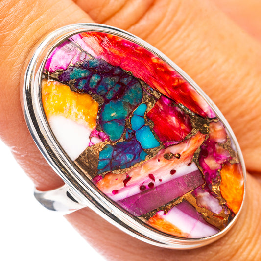 Oval sterling silver ring with colorful mosaic inlay: red, turquoise, pink, orange