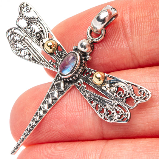 Sterling silver dragonfly pendant with rainbow moonstone and filigree