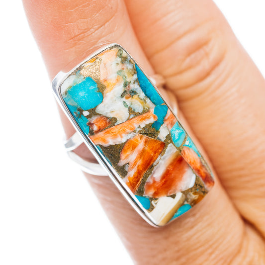 Sterling silver ring with rectangular turquoise spiny oyster inlays and orange flecks