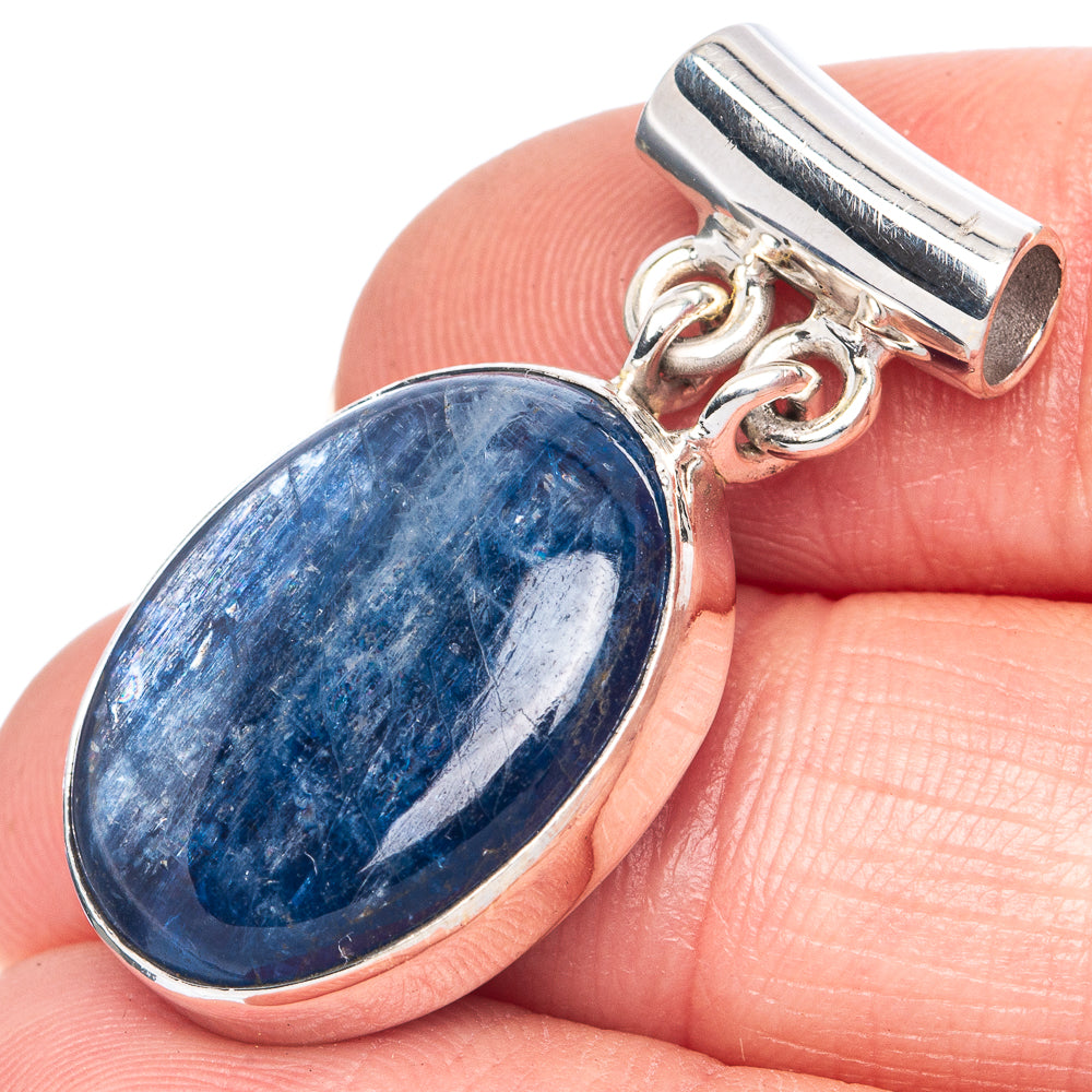 925 sterling silver oval kyanite pendant with blue stone and loop bail