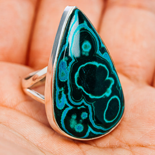 Sterling silver teardrop ring with dark green chrysocolla-malachite stone, side view