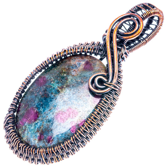 Oxidized copper wire-wrap pendant with blue and purple stone oval, top loop