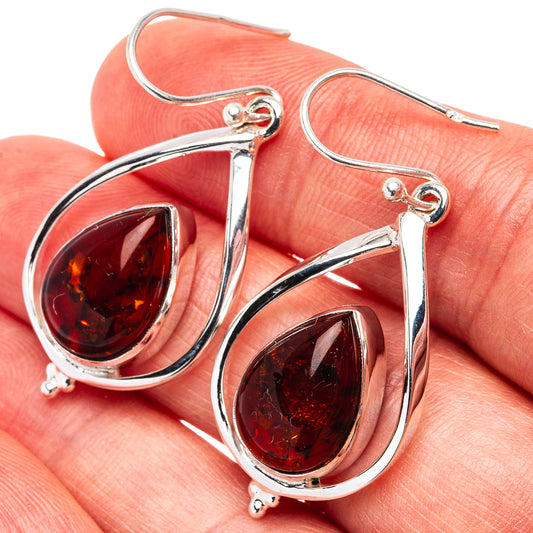 925 sterling silver amber teardrop drop earrings with dark red stones