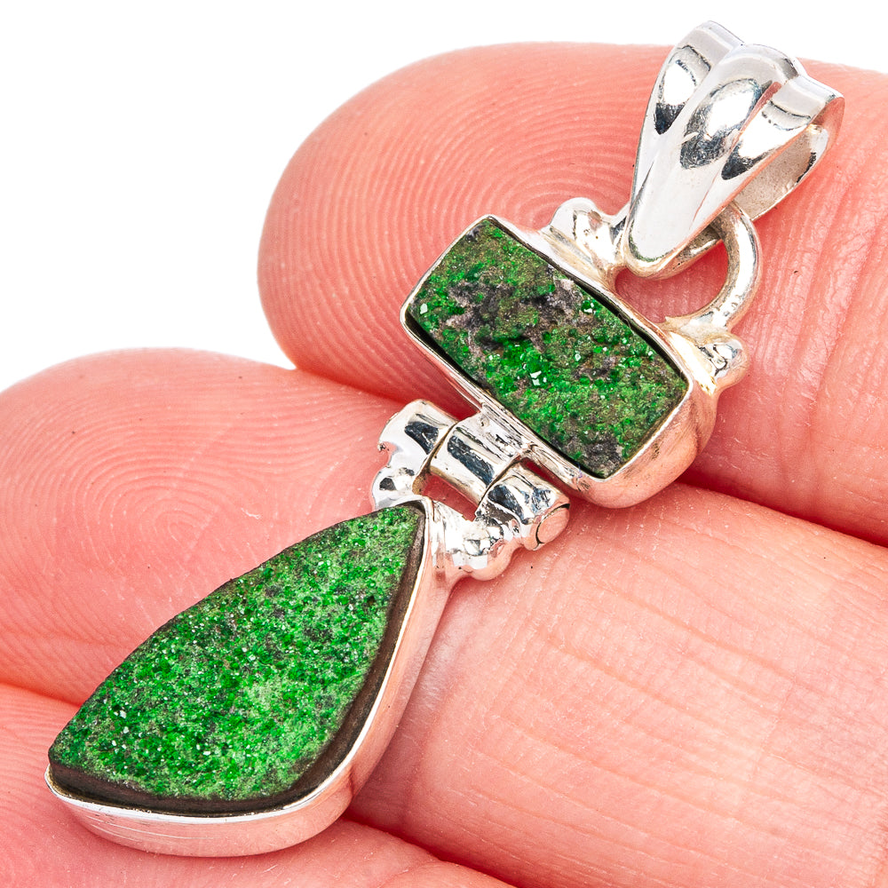 Sterling silver pendant with two green uvarovite garnet stones and top bail