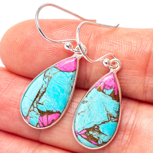Turquoise and pink teardrop earrings with sterling silver hooks and stone inlay