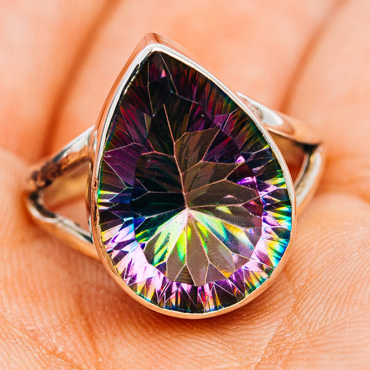 Sterling silver ring with faceted rainbow teardrop stone, size 7.5