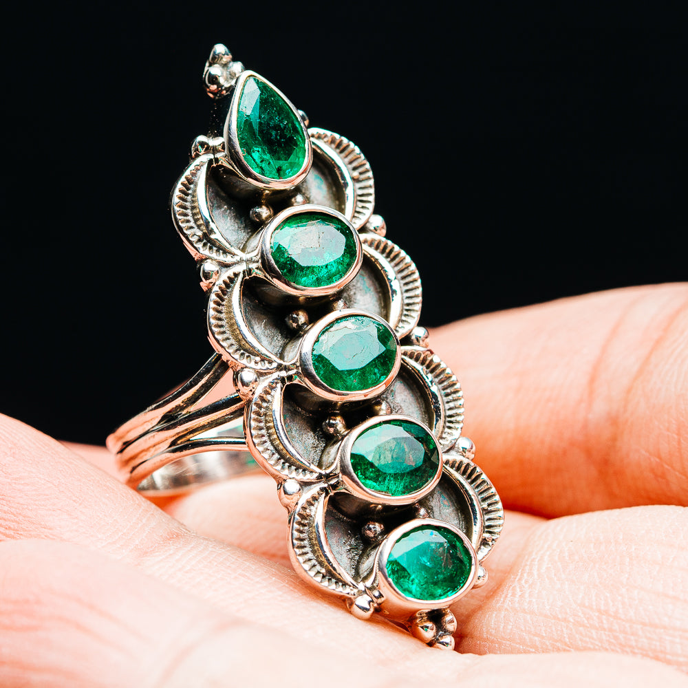 Exclusive 5-Gemstone Faceted Zambian Emerald Ring Size 8 (.925 Sterling Silver)