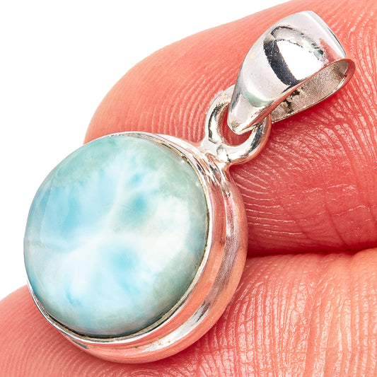 Sterling silver larimar pendant with round blue-green cabochon stone, round bezel