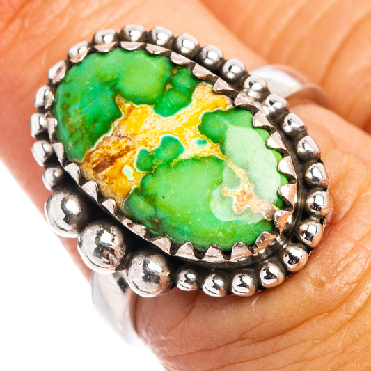 Oval green and gold turquoise cabochon ring with .925 sterling silver beaded bezel