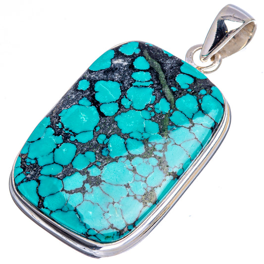 Turquoise pendant with black web matrix, rounded rectangular stone, .925 sterling silver bezel