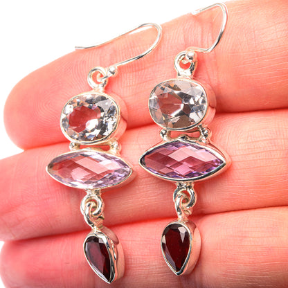 White Quartz, Amethyst, Garnet Earrings 1 7/8" (925 Sterling Silver) EARR432147