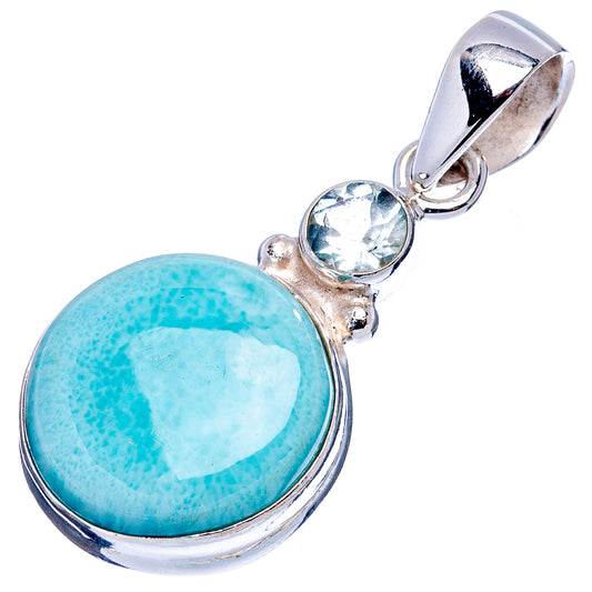 Polished .925 sterling silver pendant with large round larimar and blue topaz stones