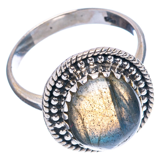 Labradorite cabochon ring, .925 sterling silver band with textured scalloped edge