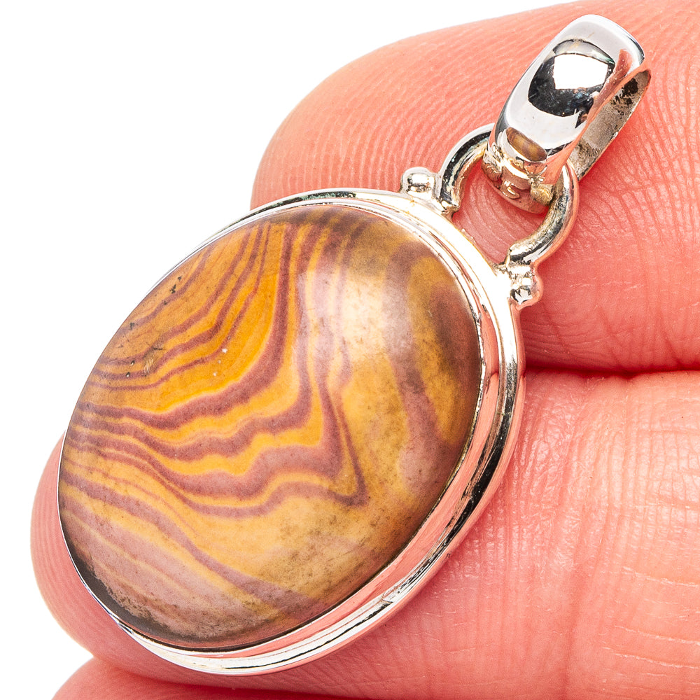 Oval dolomite pendant with swirling brown and gold stone, .925 sterling silver bezel and bail