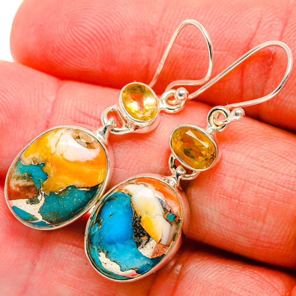 Spiny Oyster Turquoise, Citrine Earrings 1 3/4" (925 Sterling Silver) EARR432079