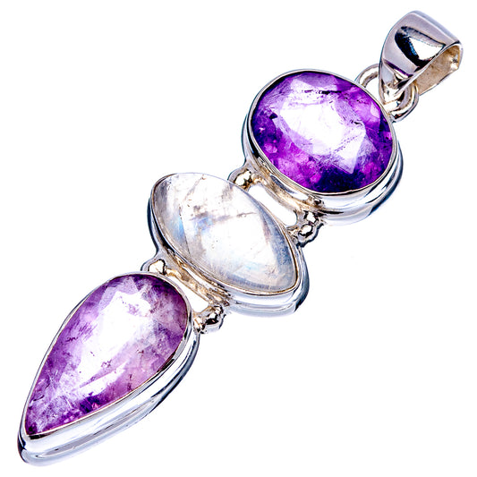 Amethyst and rainbow moonstone pendant in .925 sterling silver, round, oval, and teardrop stones