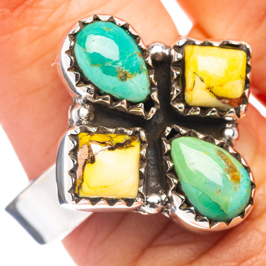 Adjustable sterling silver ring with oval turquoise and yellow stone settings