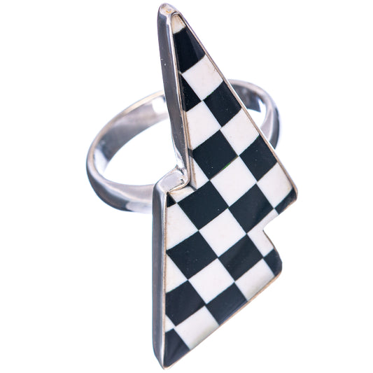 Sterling silver bolt ring with stacked black-and-white checkered design, front angle