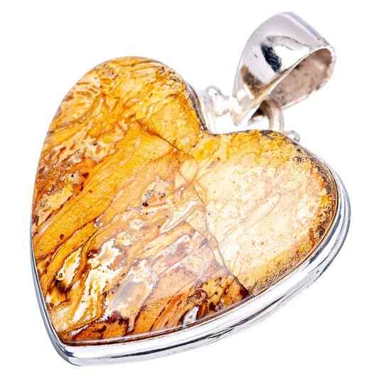 Heart-shaped sterling silver pendant with yellow-brown petrified wood inlay and silver rim