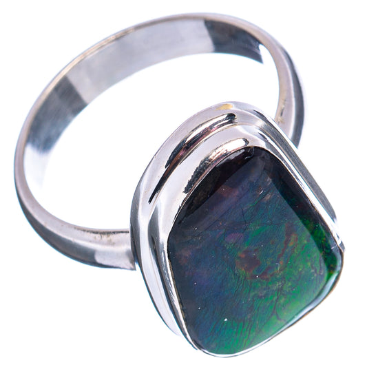 Sterling silver ammolite ring, oval dark green iridescent stone on side view