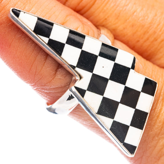 Sterling silver checkered onyx bolt ring, dark and white checker pattern, size 9