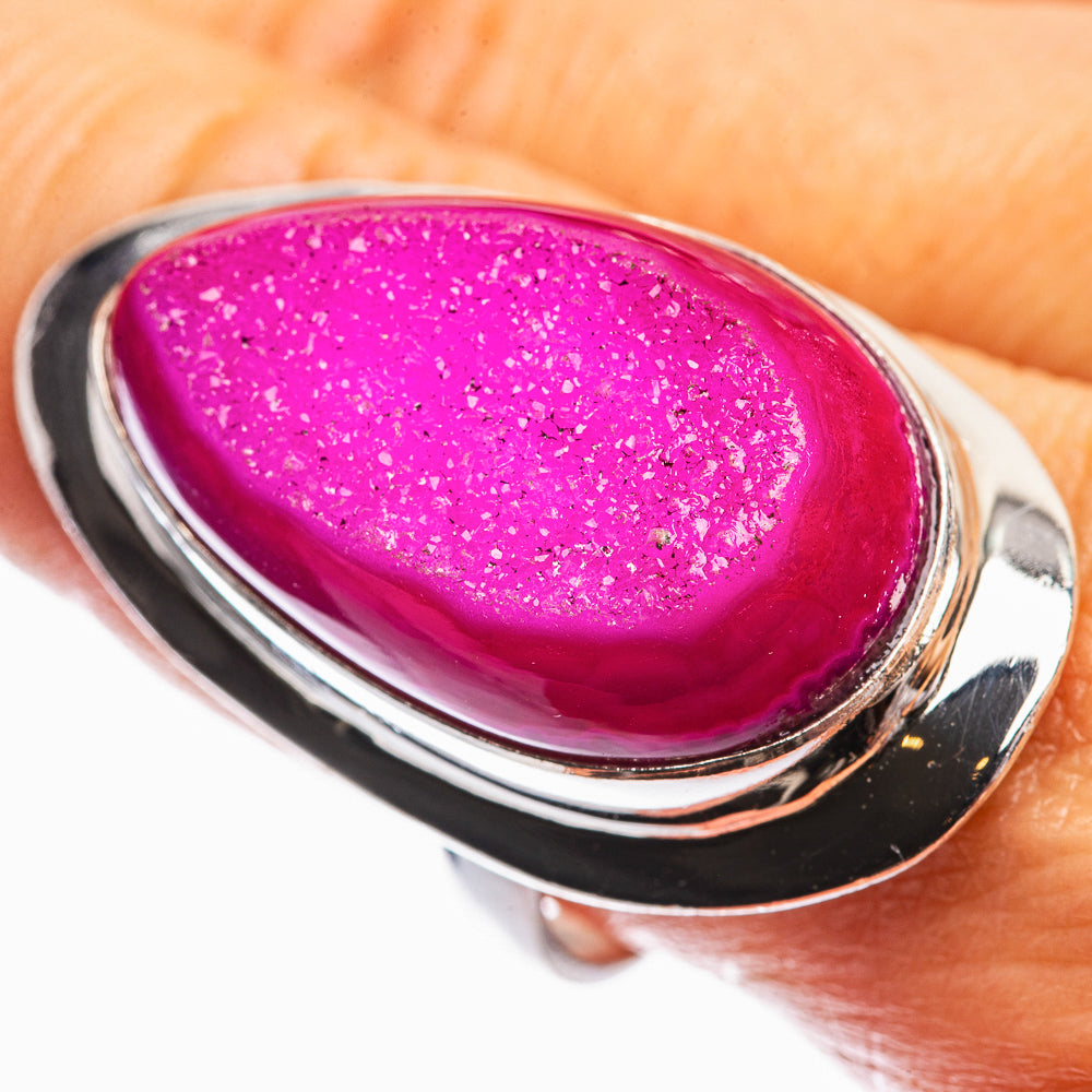 Large pink agate druzy ring in oval bezel, 925 sterling silver band
