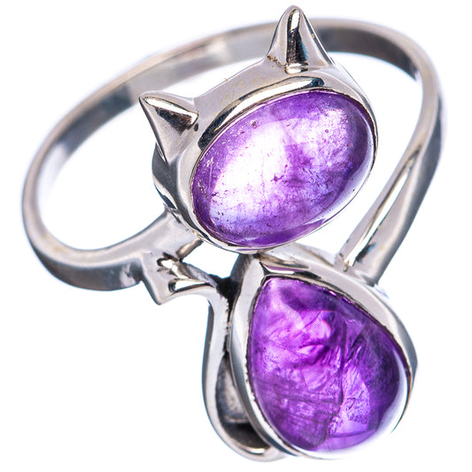 Silver cat ring with two purple oval amethyst cabochons and open band, size 8.25