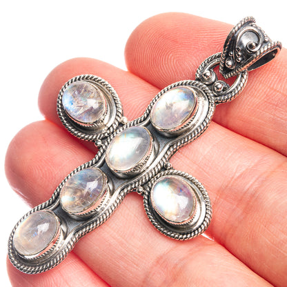 Rainbow Moonstone Cross 925 Sterling Silver Pendant 2 1/4"