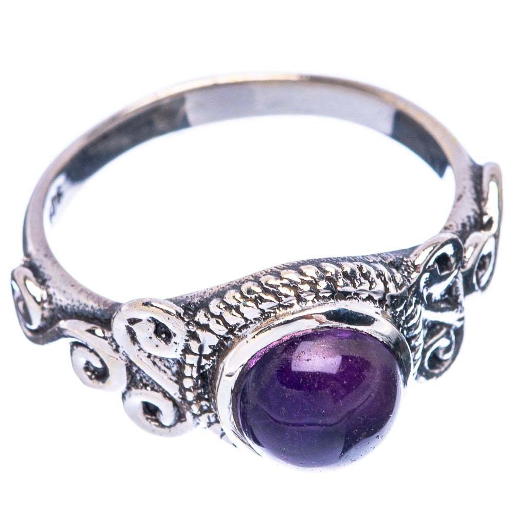 Amethyst dainty ring, 925 sterling silver, ornate band with round-oval purple stone