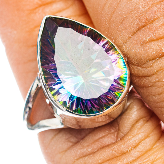 Iridescent teardrop gemstone ring in .925 sterling silver band, size 7.5